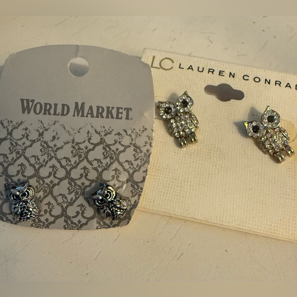 OWL EARRINGS two pairs silver and rhinestone studs